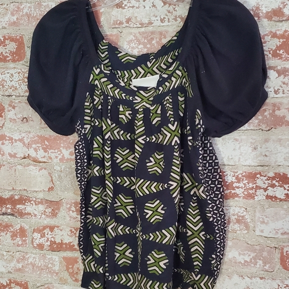 Maeve Catania Puff Sleeve Blouse Black Green XSmall Anthropologie - Picture 3 of 7